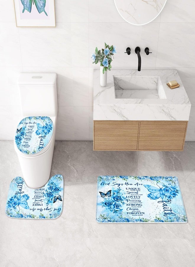 Litabel 4 Pcs Blue Butterfly Inspirational Quotes Shower Curtain Set with Rugs and Toilet Lid Cover, Colorful Boho Waterproof Fabric Bathroom Set, Bible Verse Floral Bathroom Decor Set Accessories - Image 4
