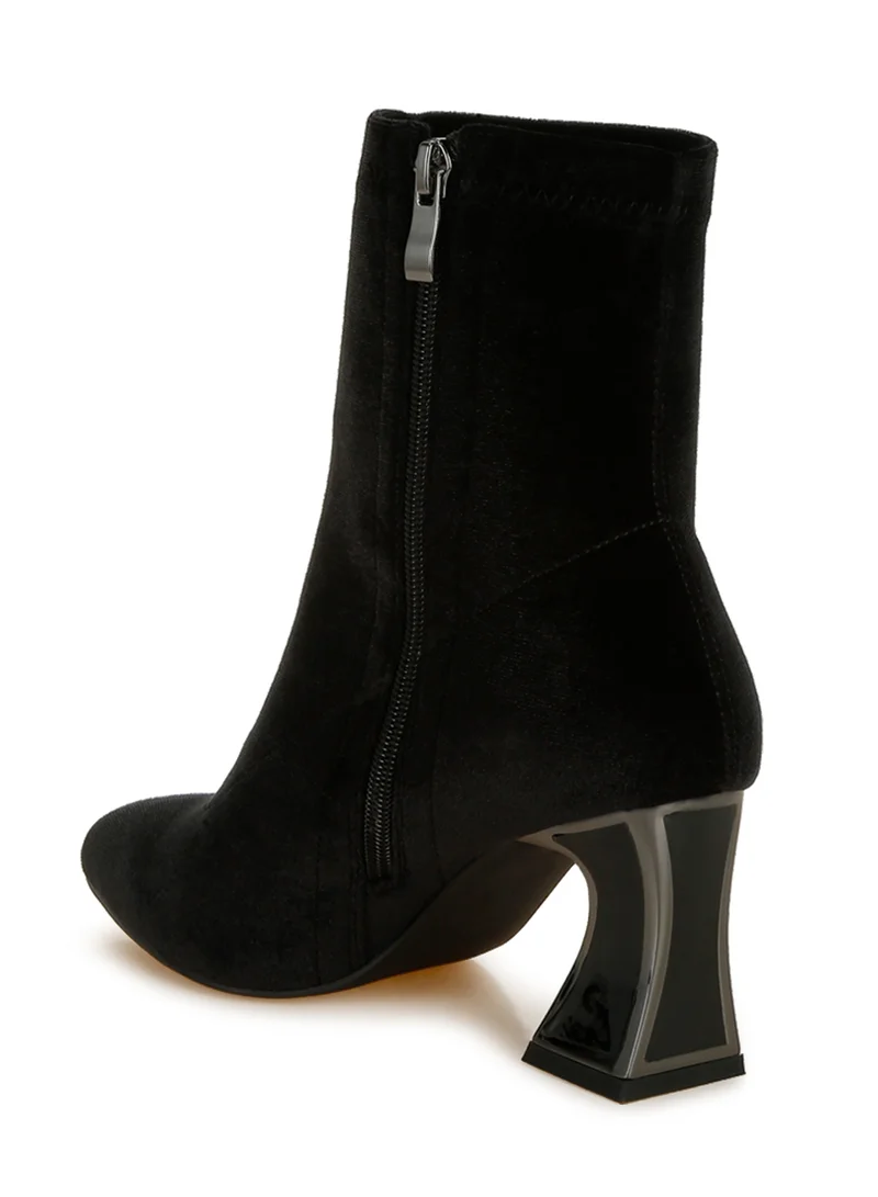 London Rag Flared Block Heel Velvet Boots in Black