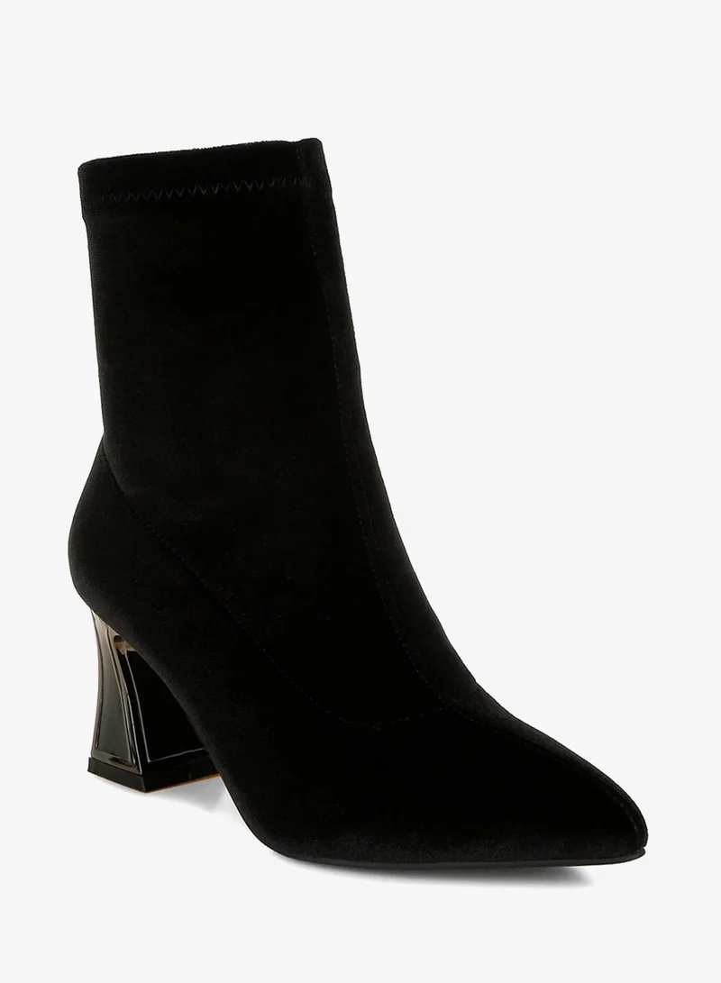 London Rag Flared Block Heel Velvet Boots in Black
