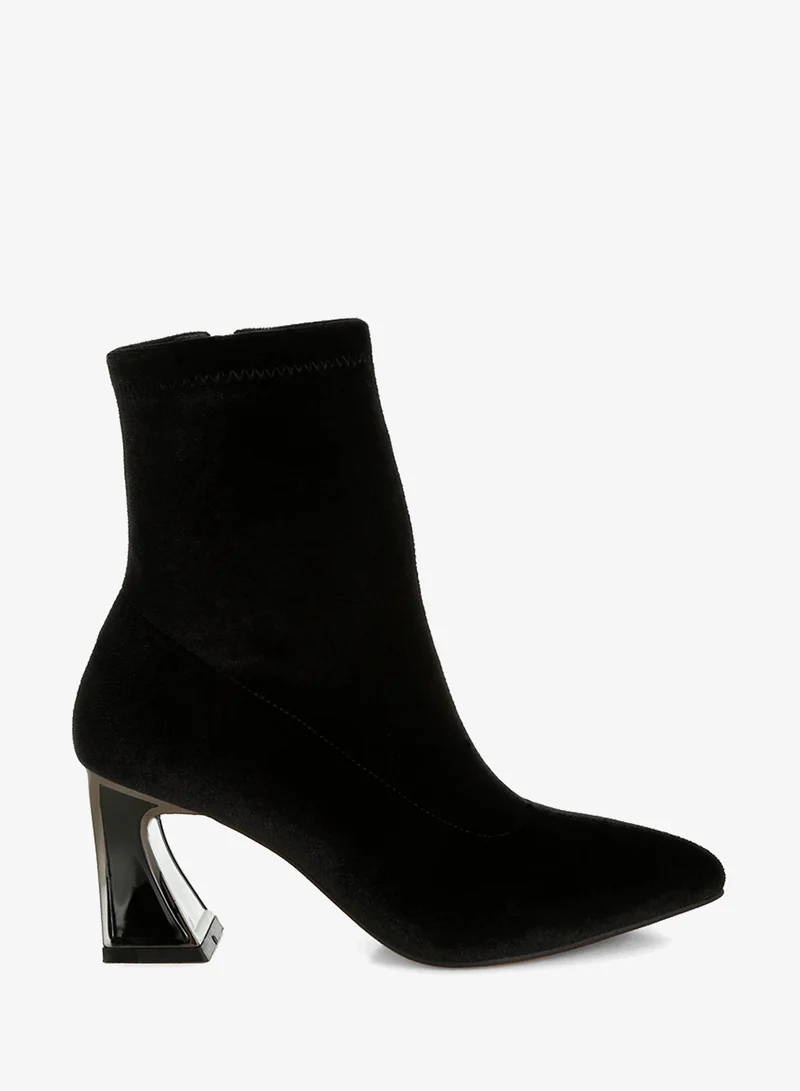 London Rag Flared Block Heel Velvet Boots in Black