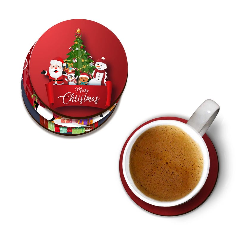 PRINTELLIGENT Christmas Wooden Tea Coasters for Drinks Christmas Theme Printed MDF Wooden Tea Coaster Set of 6 (Pt-C) - Image 1
