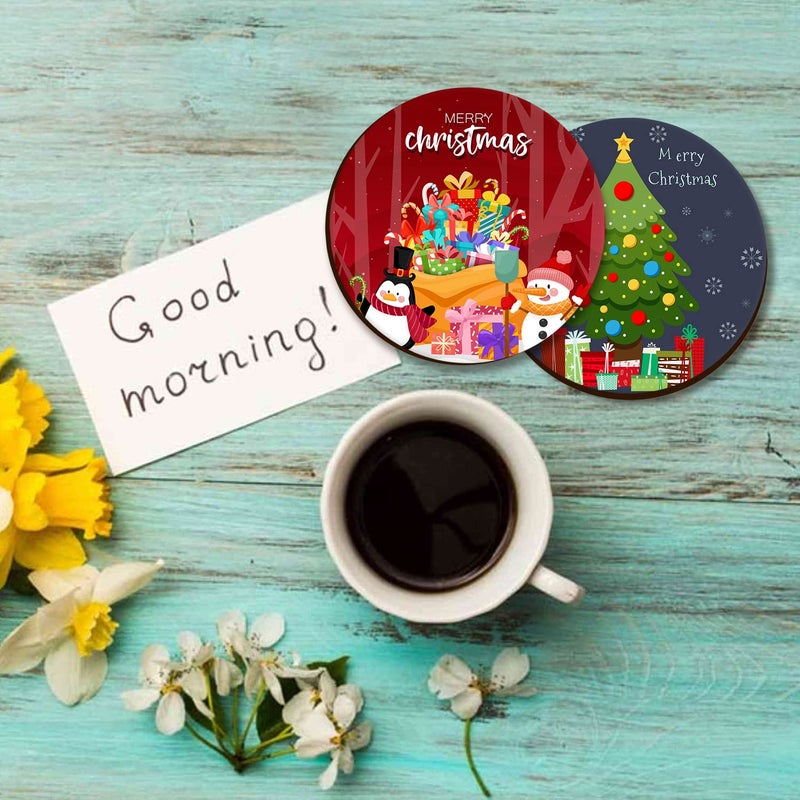 PRINTELLIGENT Christmas Wooden Tea Coasters for Drinks Christmas Theme Printed MDF Wooden Tea Coaster Set of 6 (Pt-C) - Image 2