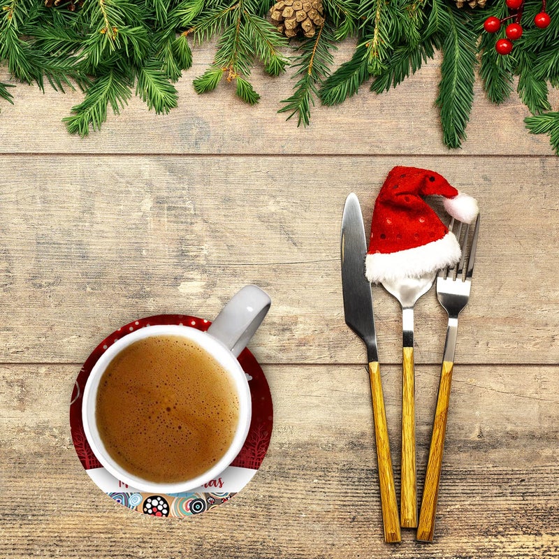 PRINTELLIGENT Christmas Wooden Tea Coasters for Drinks Christmas Theme Printed MDF Wooden Tea Coaster Set of 6 (Pt-C) - Image 3