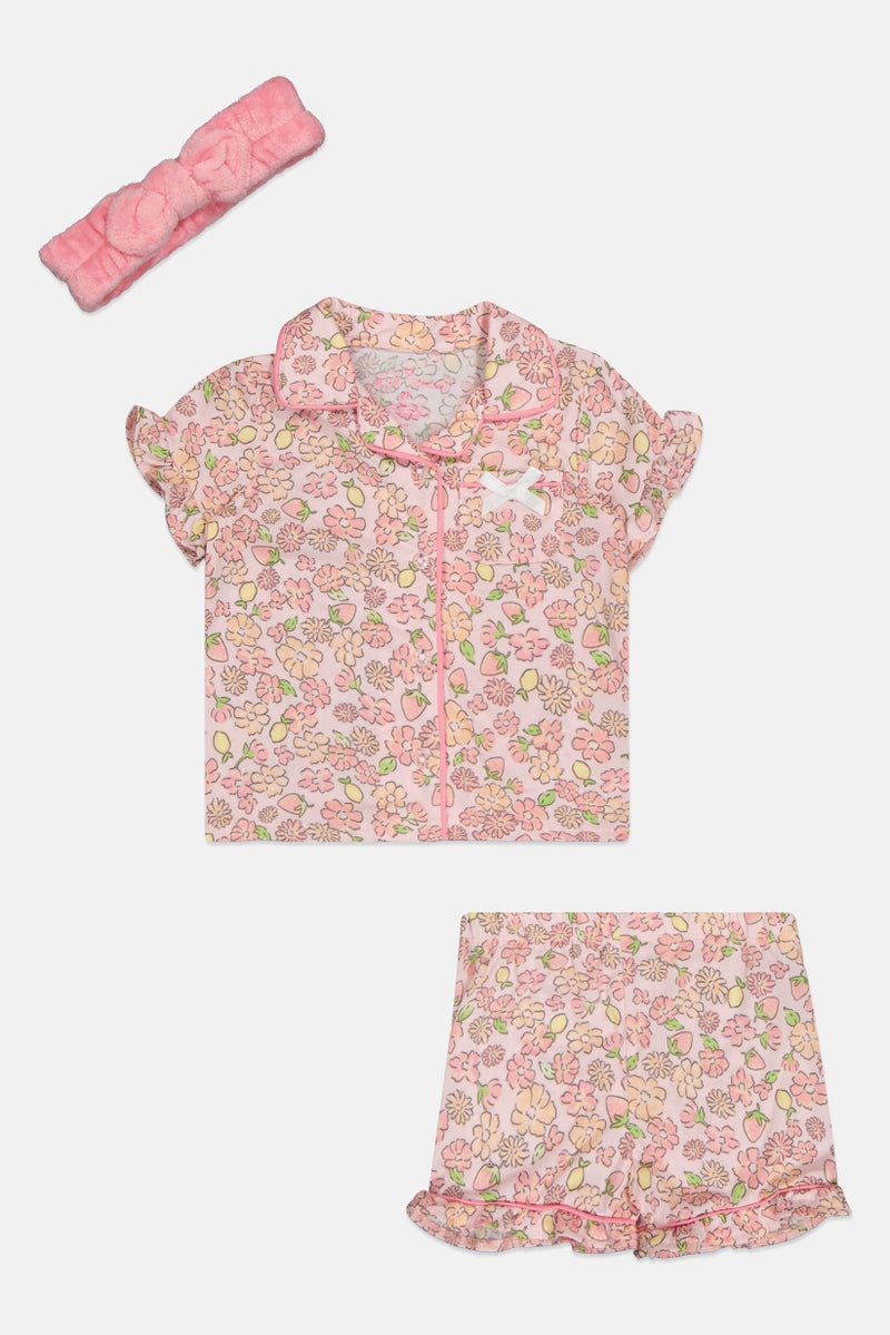 Betsey Johnson Toddlers Girl 3 Pieces Floral Print Pyjama Top And Bottom With Headband Set, Multicolor - Image 1