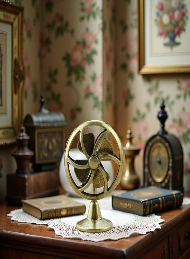 Jizlan Brass Table Fan Dollhouse Decoration Accessories, 1:12 Dollhouse Miniature Scene Model Table Fan (30 x 43 mm) - Image 3