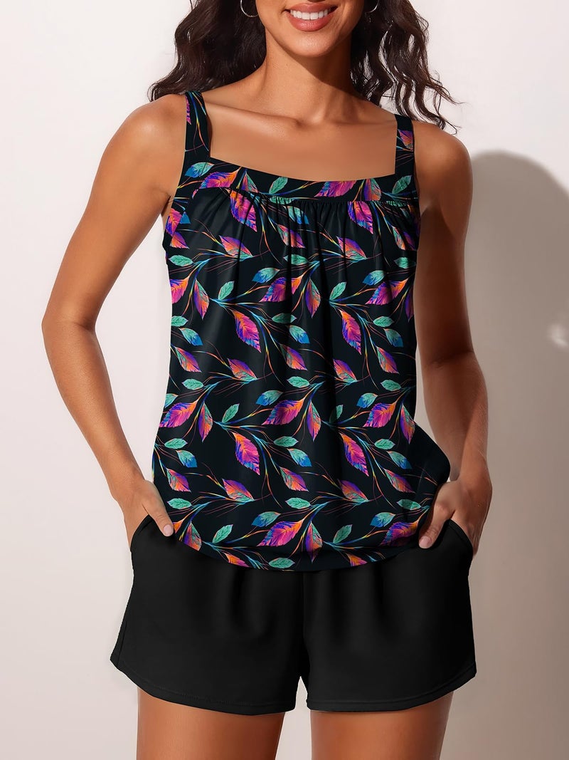 Summer Mae Blouson Womens Tankini Swimsuits 2026 Modest Tummy Control Bathing Suits Swim Shorts with Pockets for Beach Iridescent Leaf Size 10 - Image 3