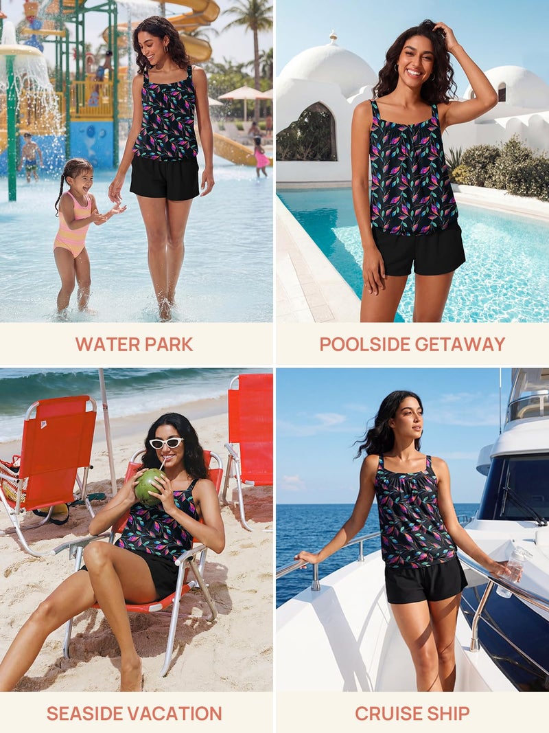 Summer Mae Blouson Womens Tankini Swimsuits 2026 Modest Tummy Control Bathing Suits Swim Shorts with Pockets for Beach Iridescent Leaf Size 10 - Image 4