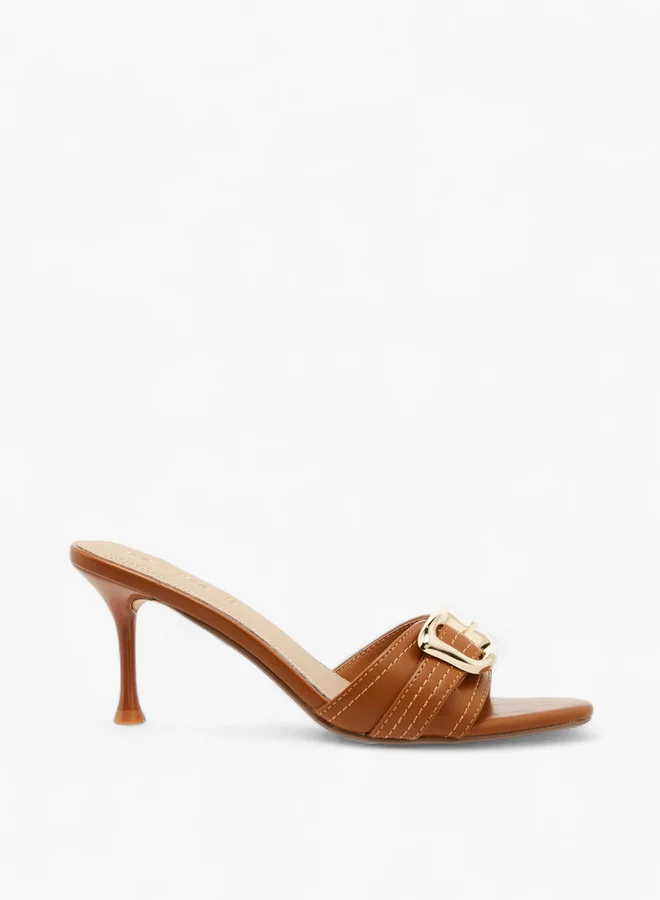 Paprika Buckle Accent Slip-On Sandals with Stiletto Heels