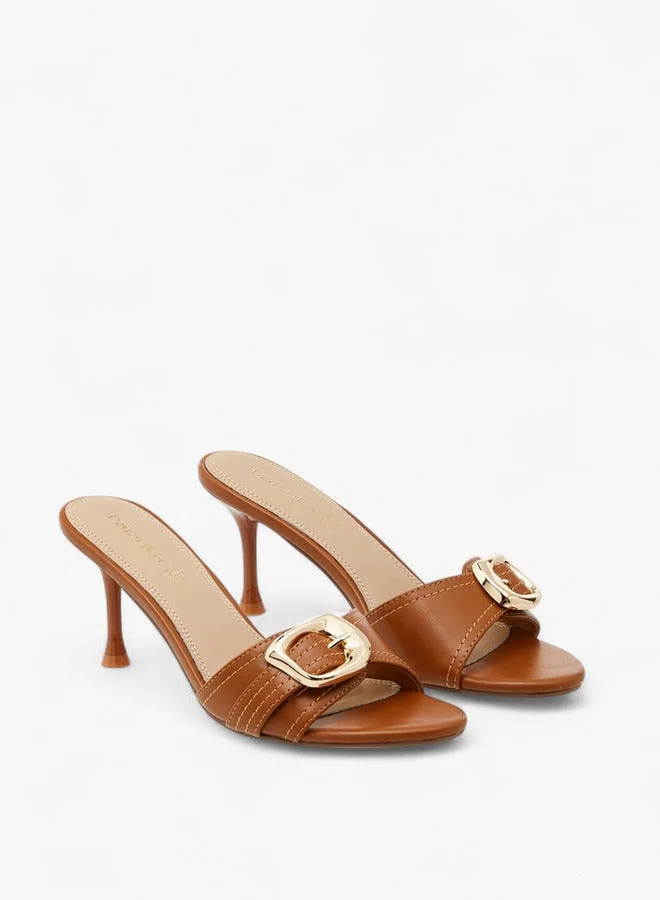 Paprika Buckle Accent Slip-On Sandals with Stiletto Heels