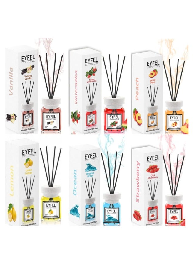 آيفيل مجموعة ناشرات روائح ريد مكونة من 6 قطع، فانيليا، ليمون، بطيخ، فراولة، خوخ، عطر منزلي يدوم طويلاً 6 × 120 مل - Image 1