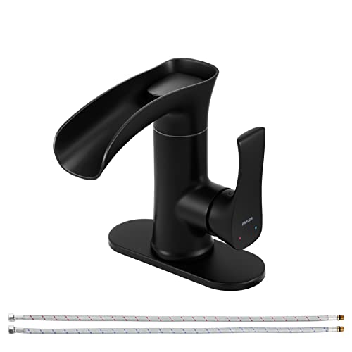 PARLOS Matte Black Single Handle Waterfall Bathroom Faucet with Swivel Spout, 1 Hole Vanity Sink Faucet with 6 inch Deck Plate and Water Supply Lines - Image 1