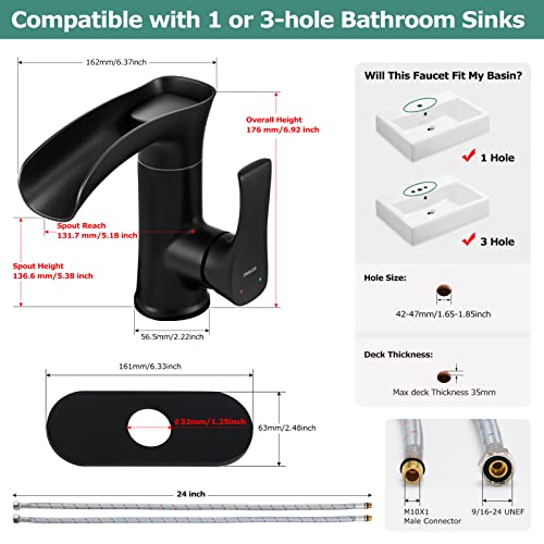 PARLOS Matte Black Single Handle Waterfall Bathroom Faucet with Swivel Spout, 1 Hole Vanity Sink Faucet with 6 inch Deck Plate and Water Supply Lines - Image 4