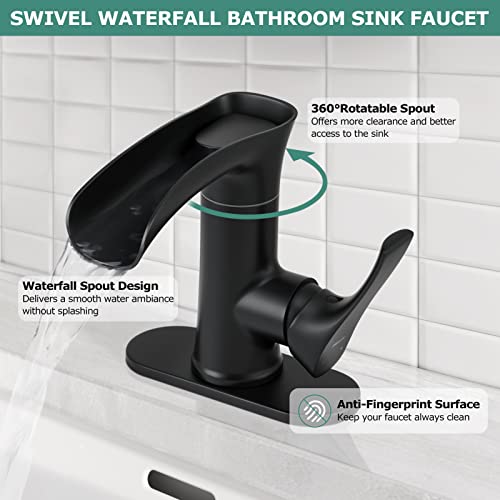 PARLOS Matte Black Single Handle Waterfall Bathroom Faucet with Swivel Spout, 1 Hole Vanity Sink Faucet with 6 inch Deck Plate and Water Supply Lines - Image 3