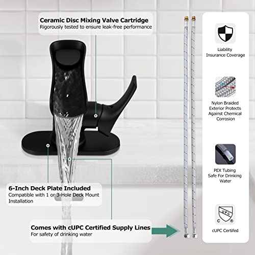 PARLOS Matte Black Single Handle Waterfall Bathroom Faucet with Swivel Spout, 1 Hole Vanity Sink Faucet with 6 inch Deck Plate and Water Supply Lines - Image 2