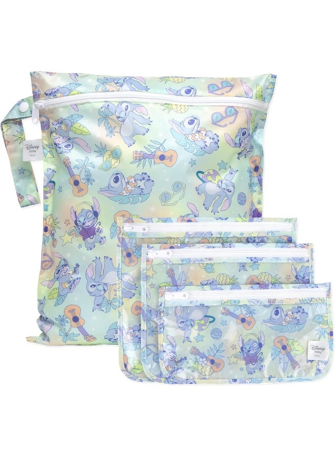 Bumkins - Waterproof Wet Bag & Clear Travel Bags - For Beach, Baby, Travel, Swim Suit, Cloth Diapers, Pump Parts, Pool, Gym, Toiletries - Reusable & Easy to Clean - Disney Stitch - 4 Pack - Image 1