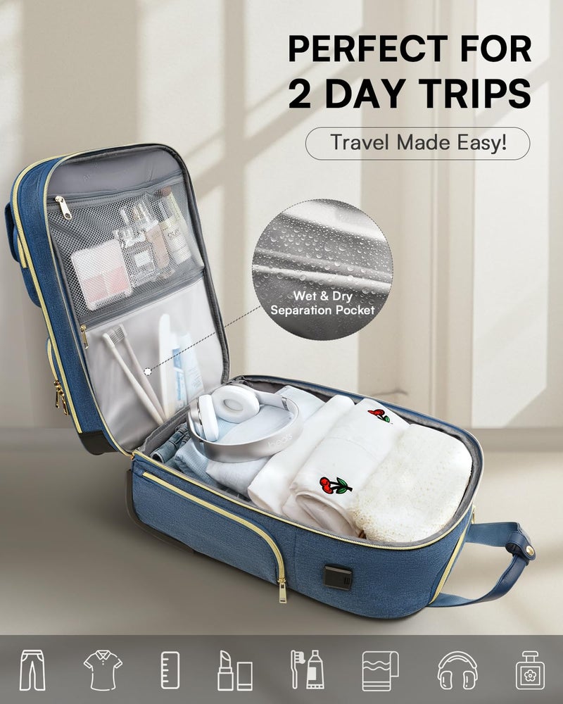 Arcoyard Underseat Carry On Luggage with Wheels, Airline Approved Personal Item Bag, 17-Inch Multi-functional Rolling Bag, Lightweight Overnight Suitcase for Women, Bussiness, Travel, Denim Blue - Image 2
