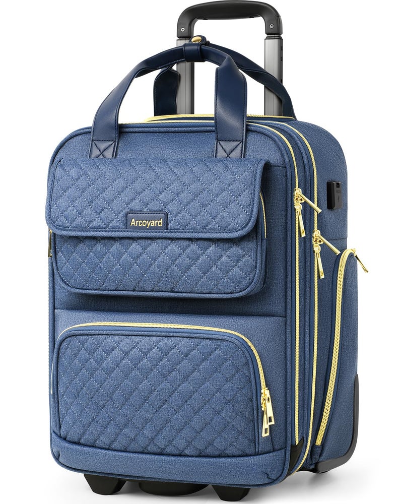 Arcoyard Underseat Carry On Luggage with Wheels, Airline Approved Personal Item Bag, 17-Inch Multi-functional Rolling Bag, Lightweight Overnight Suitcase for Women, Bussiness, Travel, Denim Blue - Image 1