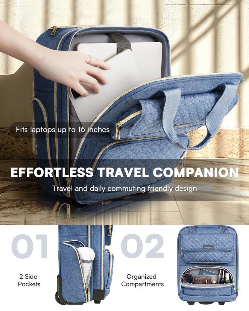 Arcoyard Underseat Carry On Luggage with Wheels, Airline Approved Personal Item Bag, 17-Inch Multi-functional Rolling Bag, Lightweight Overnight Suitcase for Women, Bussiness, Travel, Denim Blue - Image 3
