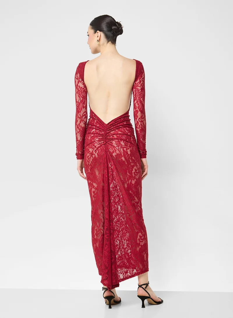جينجر Backless Lace Bodycon Dress