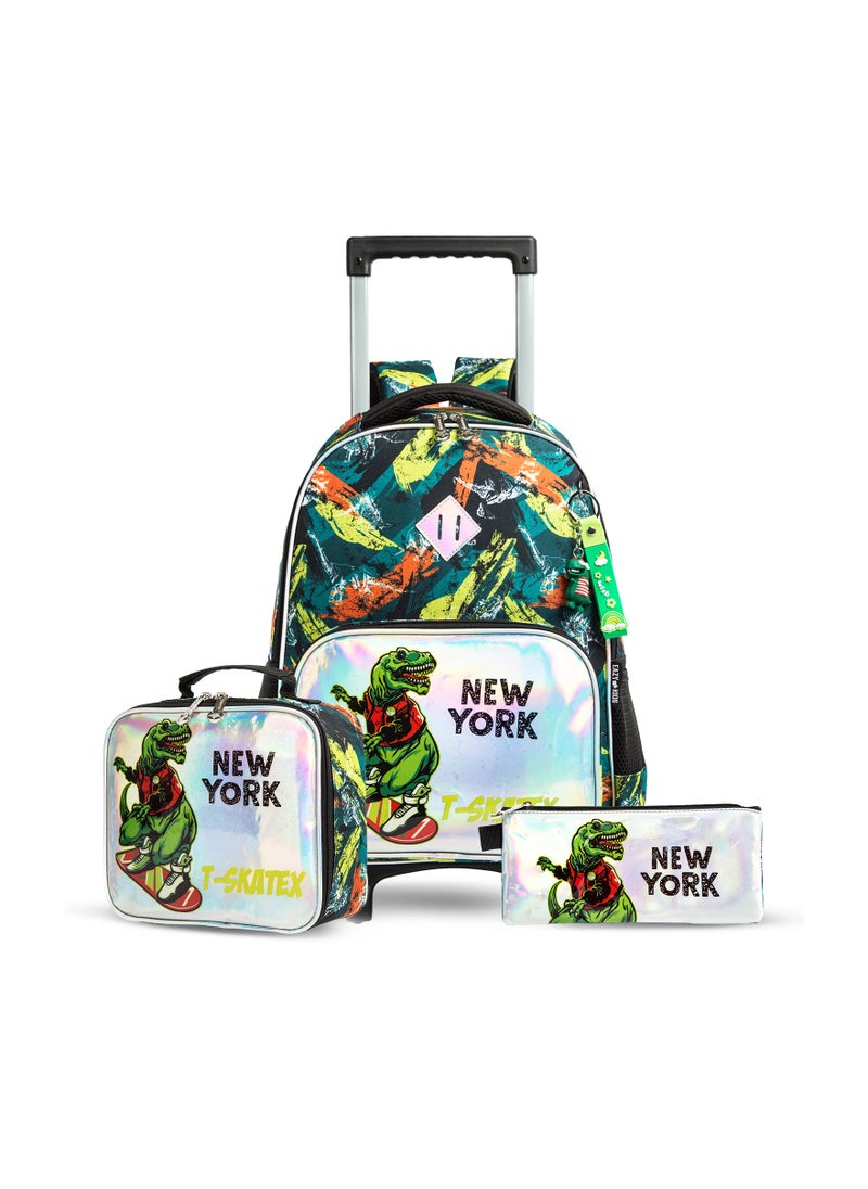 Eazy Kids 16" Set of 3 Trolley School Bag Lunch Bag & Pencil Case New York Dinosaur - Green  - Image 1