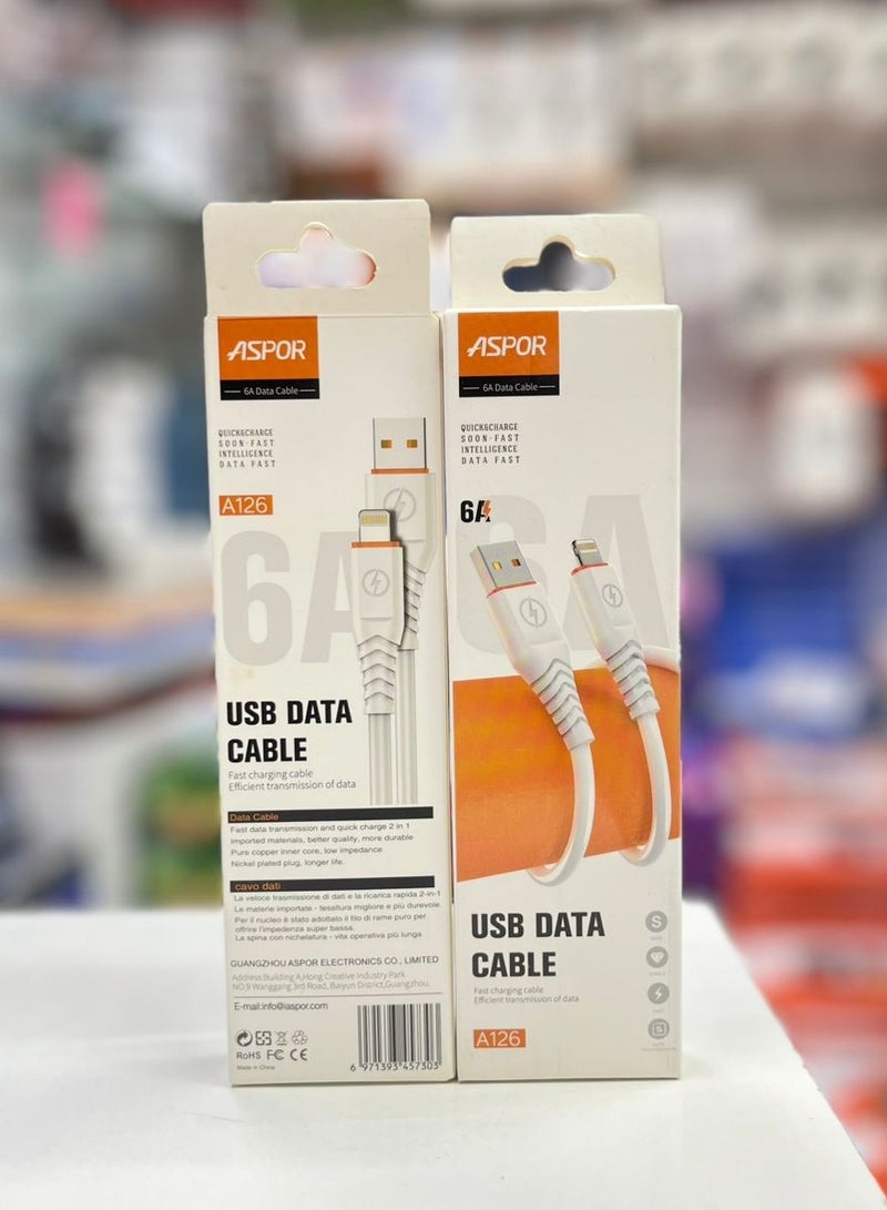Aspor A126 USB To Lightning Data Cable 6A Fast Charging & Data Transfer – Durable Cable for Smartphones & Devices - Image 2