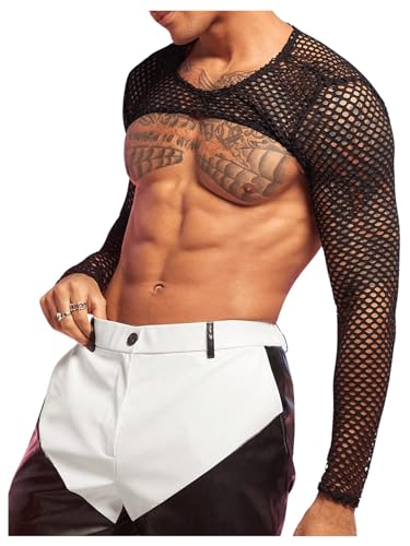 WDIRARA Men's Fishnet Sheer Mesh Long Sleeve T-Shirt Crop Top Slim Fit Party Tee Tops Black Small - Image 4