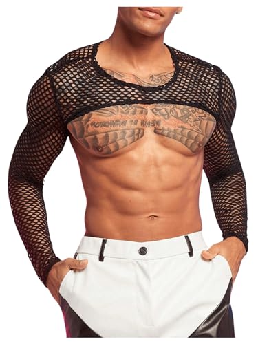 WDIRARA Men's Fishnet Sheer Mesh Long Sleeve T-Shirt Crop Top Slim Fit Party Tee Tops Black Small - Image 3