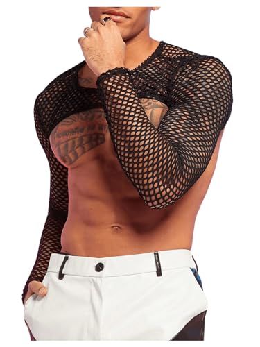 WDIRARA Men's Fishnet Sheer Mesh Long Sleeve T-Shirt Crop Top Slim Fit Party Tee Tops Black Small - Image 1