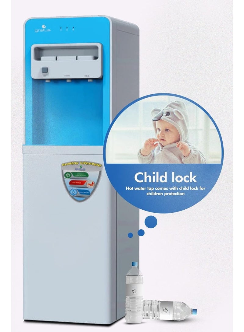 gratus Hot & Cold 3‑Tap Floor‑Standing Water Dispenser with Storage Cabinet — Top-Load • Stainless Tanks • Child‑Lock Hot Tap • 1‑Year Full & 2‑Year Compressor Warranty | Model GWD2132ACFCW - Image 3