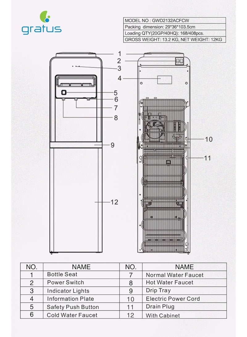 gratus Hot & Cold 3‑Tap Floor‑Standing Water Dispenser with Storage Cabinet — Top-Load • Stainless Tanks • Child‑Lock Hot Tap • 1‑Year Full & 2‑Year Compressor Warranty | Model GWD2132ACFCW - Image 5