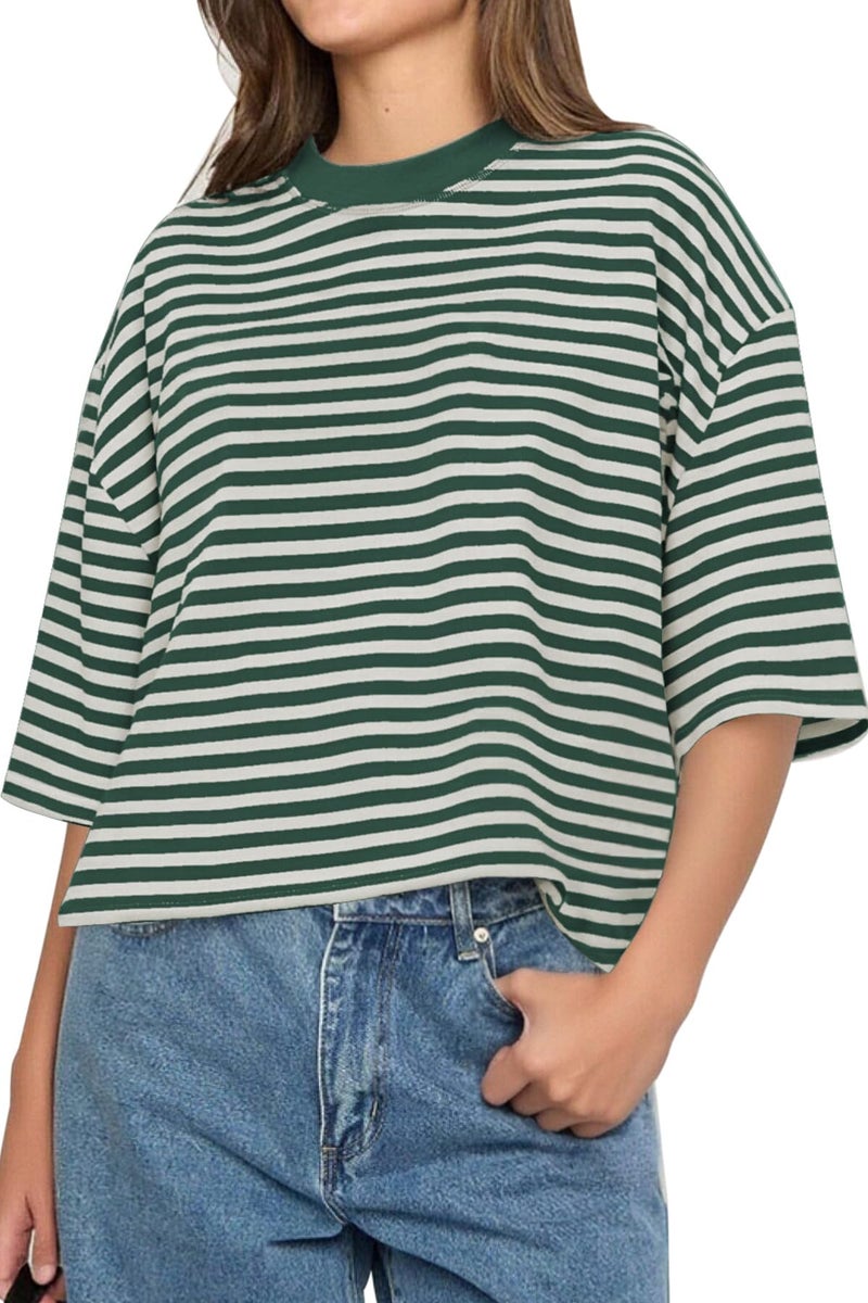CHYRII Womens Oversized Striped T Shirts 2026 Fashion Short Sleeve Casual Crewneck Tops Summer Y2K Clothes (Green M) - Image 1