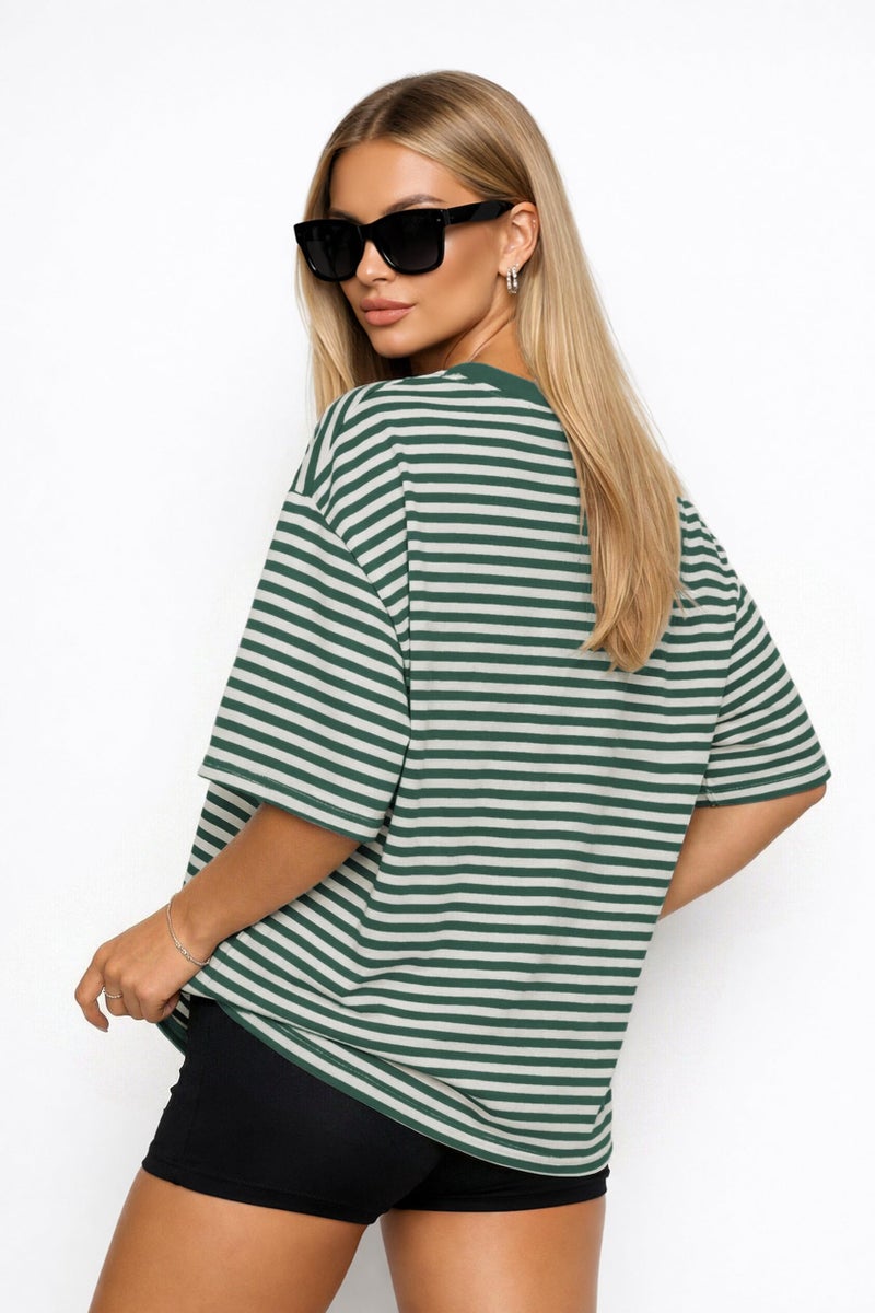 CHYRII Womens Oversized Striped T Shirts 2026 Fashion Short Sleeve Casual Crewneck Tops Summer Y2K Clothes (Green M) - Image 4