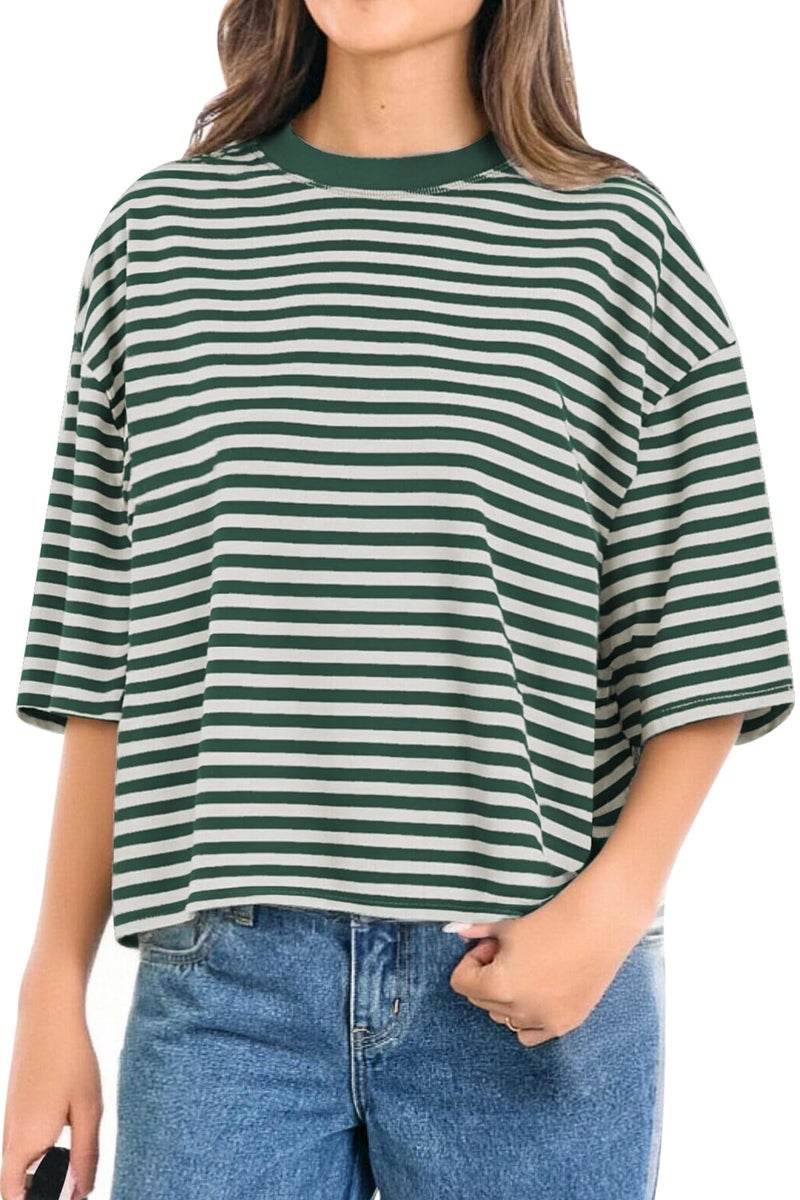 CHYRII Womens Oversized Striped T Shirts 2026 Fashion Short Sleeve Casual Crewneck Tops Summer Y2K Clothes (Green M) - Image 2