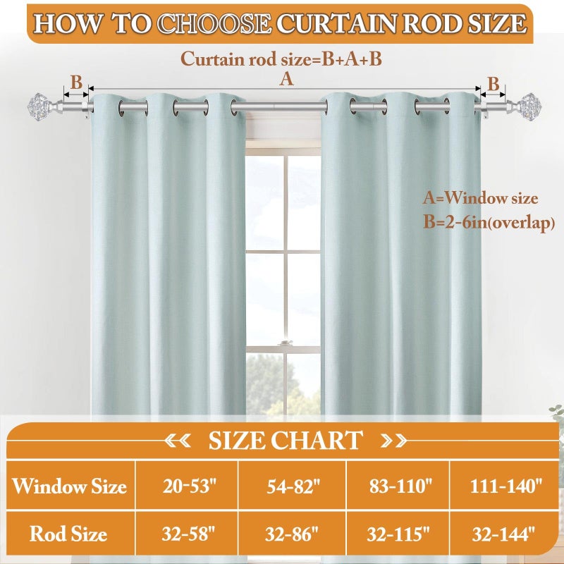 TONIAL Curtain Rods 32 to 58 Inch(2.6 to 4.8 ft), Telescoping Splicing 3/4 Single Rods for Windows 20 to 53 Inch(1.7 to 4.4 ft) Decorative Drapery Rod with Translucent Diamond Finial, Silver - Image 5