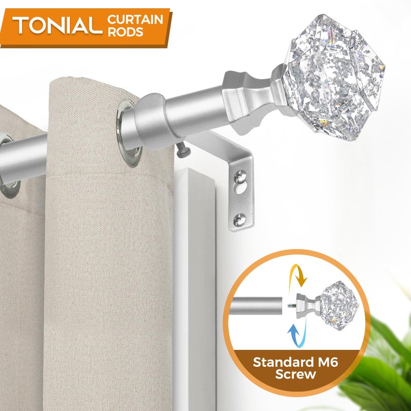 TONIAL Curtain Rods 32 to 58 Inch(2.6 to 4.8 ft), Telescoping Splicing 3/4 Single Rods for Windows 20 to 53 Inch(1.7 to 4.4 ft) Decorative Drapery Rod with Translucent Diamond Finial, Silver - Image 3