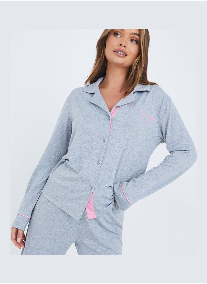 Styli - Contrast Seam Slogan Button Through Shirt and Pyjama Set - Image 1