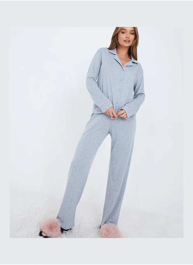 Styli Contrast Seam Slogan Button Through Shirt and Pyjama Set