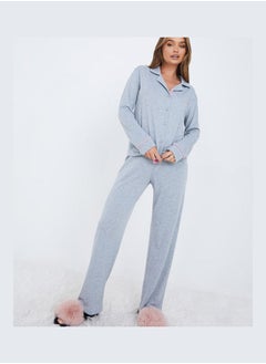 Contrast Seam Slogan Button Through Shirt and Pyjama Set