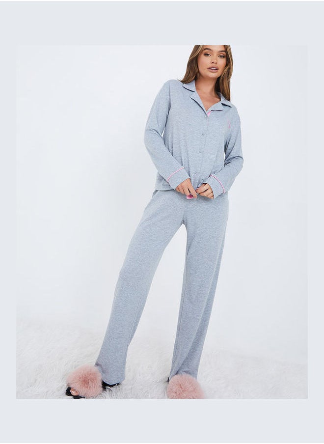 Styli - Contrast Seam Slogan Button Through Shirt and Pyjama Set - Image 1
