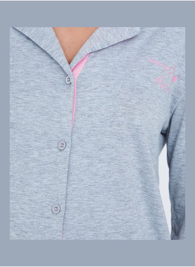 Styli - Contrast Seam Slogan Button Through Shirt and Pyjama Set - Image 1