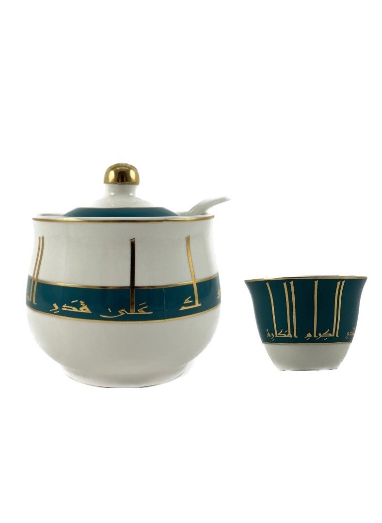 Homemaker 20-Piece Tea & Coffee Cups Set - 6 Tea Glass - 6 Coffee Cups - 6 Saucer - Sugar Bowl & Spoon - White & Clear & Petrol Green & Gold  - Image 2