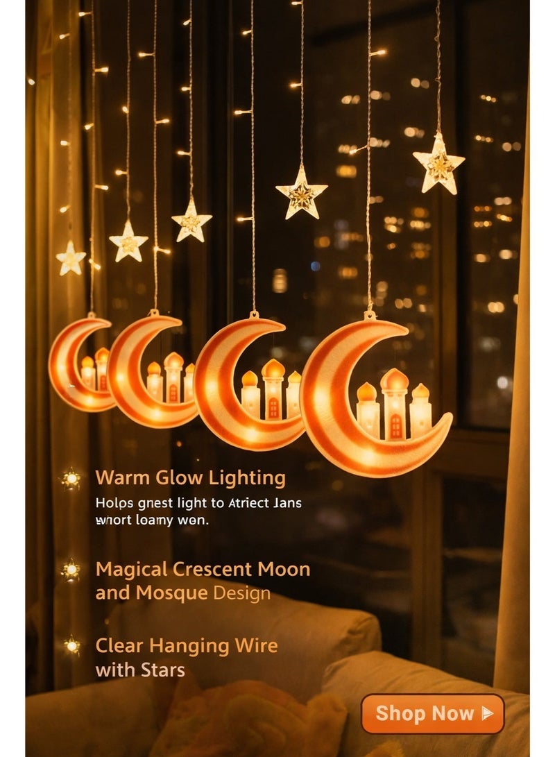 إضاءة زينة رمضان وعيد للمنزل، ستارة هلال ونجوم LED بطول 3 متر، تعمل بالكهرباء، 10 تعليقات 12×14 سم - Image 5