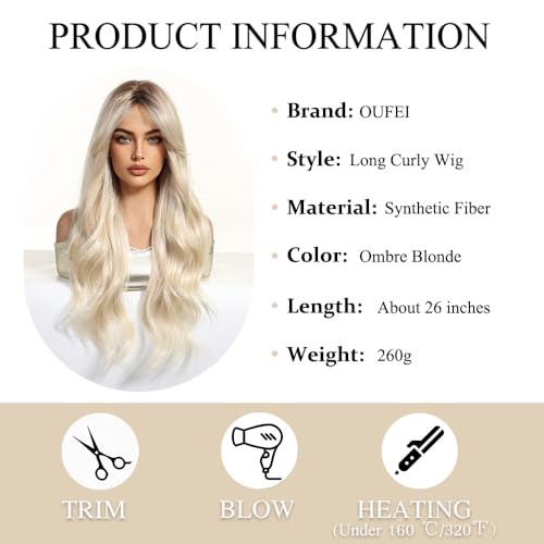 OUFEI Blonde Wigs for Women Long Curly Wig with Dark Roots Synthetic Hair Heat Resistant Wigs for Daily Party Cosplay Wear - Image 3