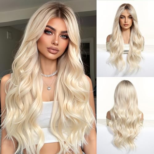 OUFEI Blonde Wigs for Women Long Curly Wig with Dark Roots Synthetic Hair Heat Resistant Wigs for Daily Party Cosplay Wear - Image 1