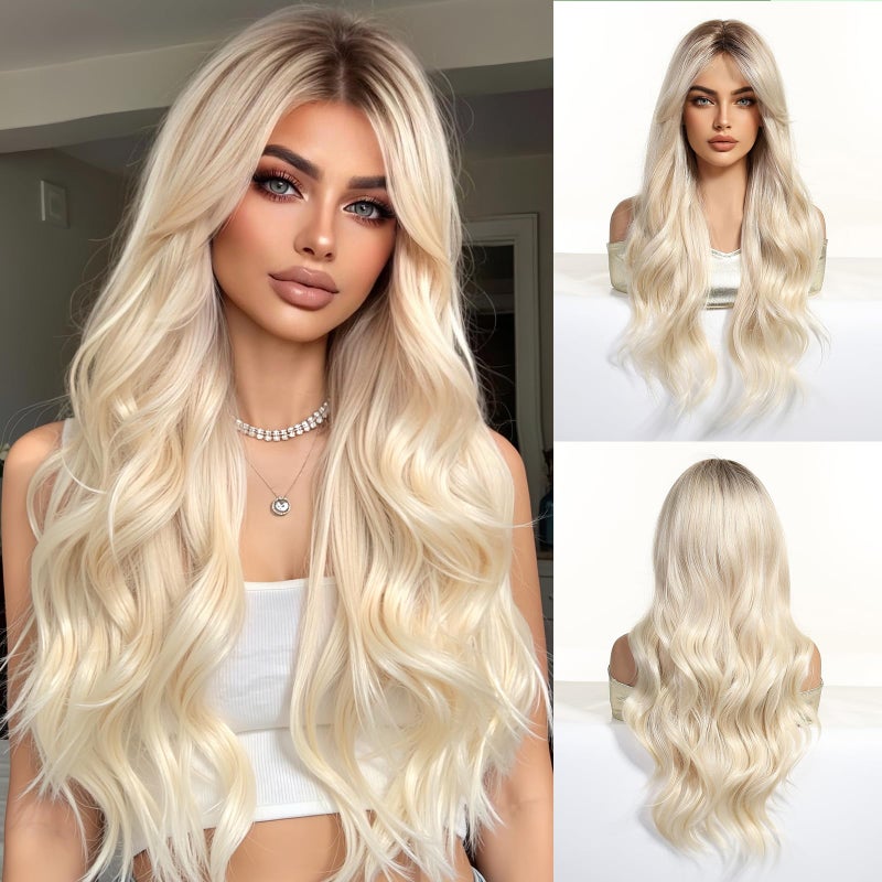 OUFEI Blonde Wigs for Women Long Curly Wig with Dark Roots Synthetic Hair Heat Resistant Wigs for Daily Party Cosplay Wear - Image 2