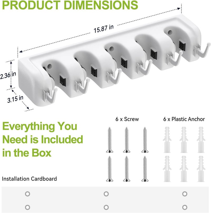 LETMY Broom Holder Wall Mount - Mop and Broom Hanger Holder - Garage Storage Rack & Garden Tool Organizer - 5 Position 6 Hooks Broom Rack for Home, kitchen, Garden, Tools, Garage Organization - White - Image 3