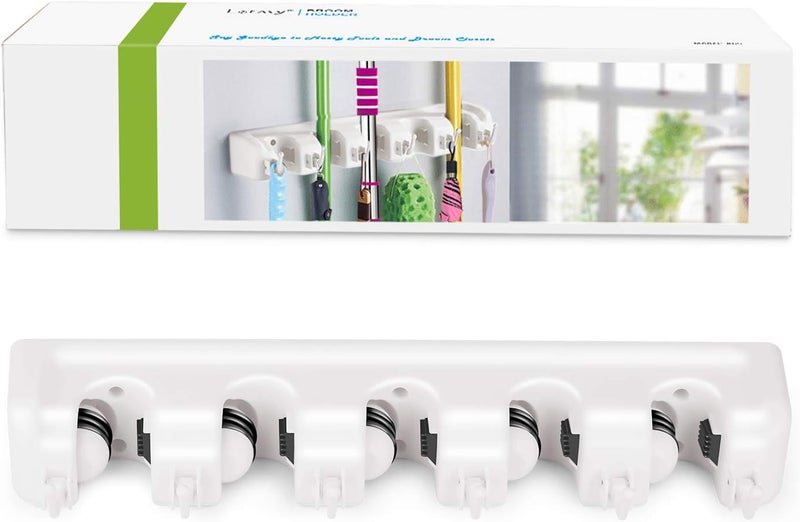 LETMY Broom Holder Wall Mount - Mop and Broom Hanger Holder - Garage Storage Rack & Garden Tool Organizer - 5 Position 6 Hooks Broom Rack for Home, kitchen, Garden, Tools, Garage Organization - White - Image 2