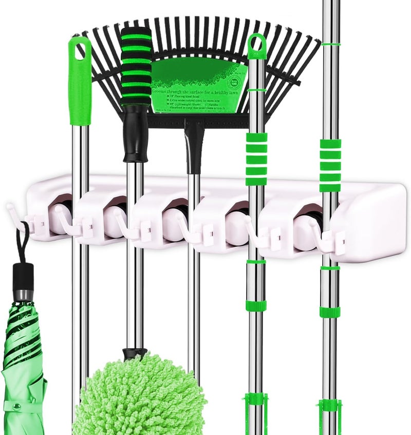 LETMY Broom Holder Wall Mount - Mop and Broom Hanger Holder - Garage Storage Rack & Garden Tool Organizer - 5 Position 6 Hooks Broom Rack for Home, kitchen, Garden, Tools, Garage Organization - White - Image 1