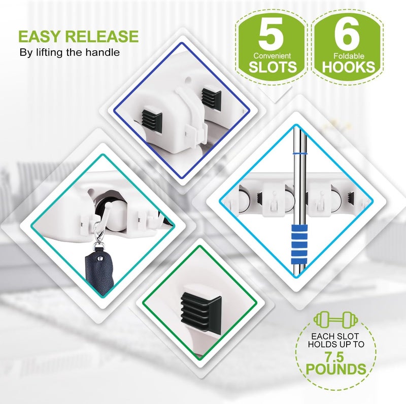 LETMY Broom Holder Wall Mount - Mop and Broom Hanger Holder - Garage Storage Rack & Garden Tool Organizer - 5 Position 6 Hooks Broom Rack for Home, kitchen, Garden, Tools, Garage Organization - White - Image 4