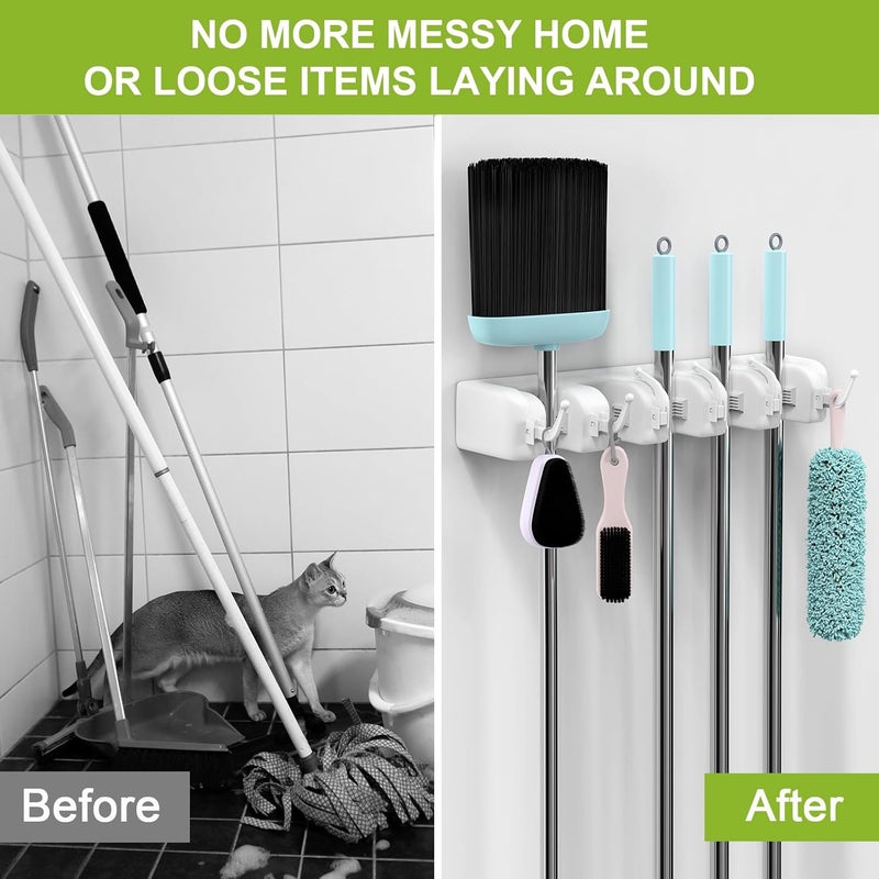 LETMY Broom Holder Wall Mount - Mop and Broom Hanger Holder - Garage Storage Rack & Garden Tool Organizer - 5 Position 6 Hooks Broom Rack for Home, kitchen, Garden, Tools, Garage Organization - White - Image 5